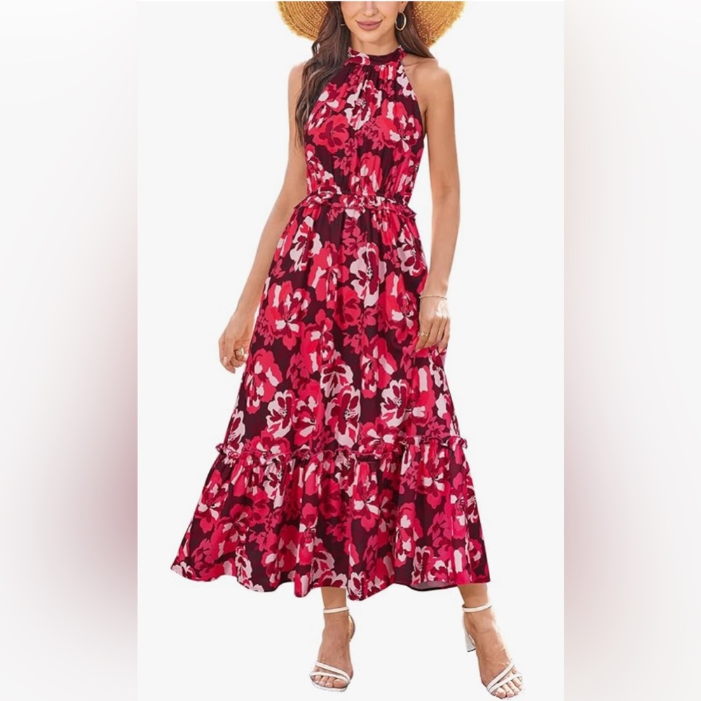 Floral Halter Maxi Dress - Red and Pink
